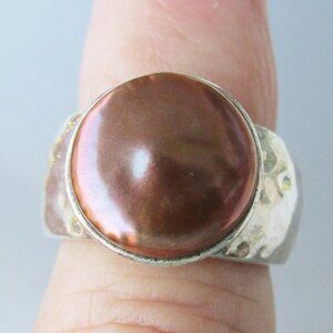 Signed SILPADA Hammered Sterling Silver Bronze Coin Pearl Ring Sz 6